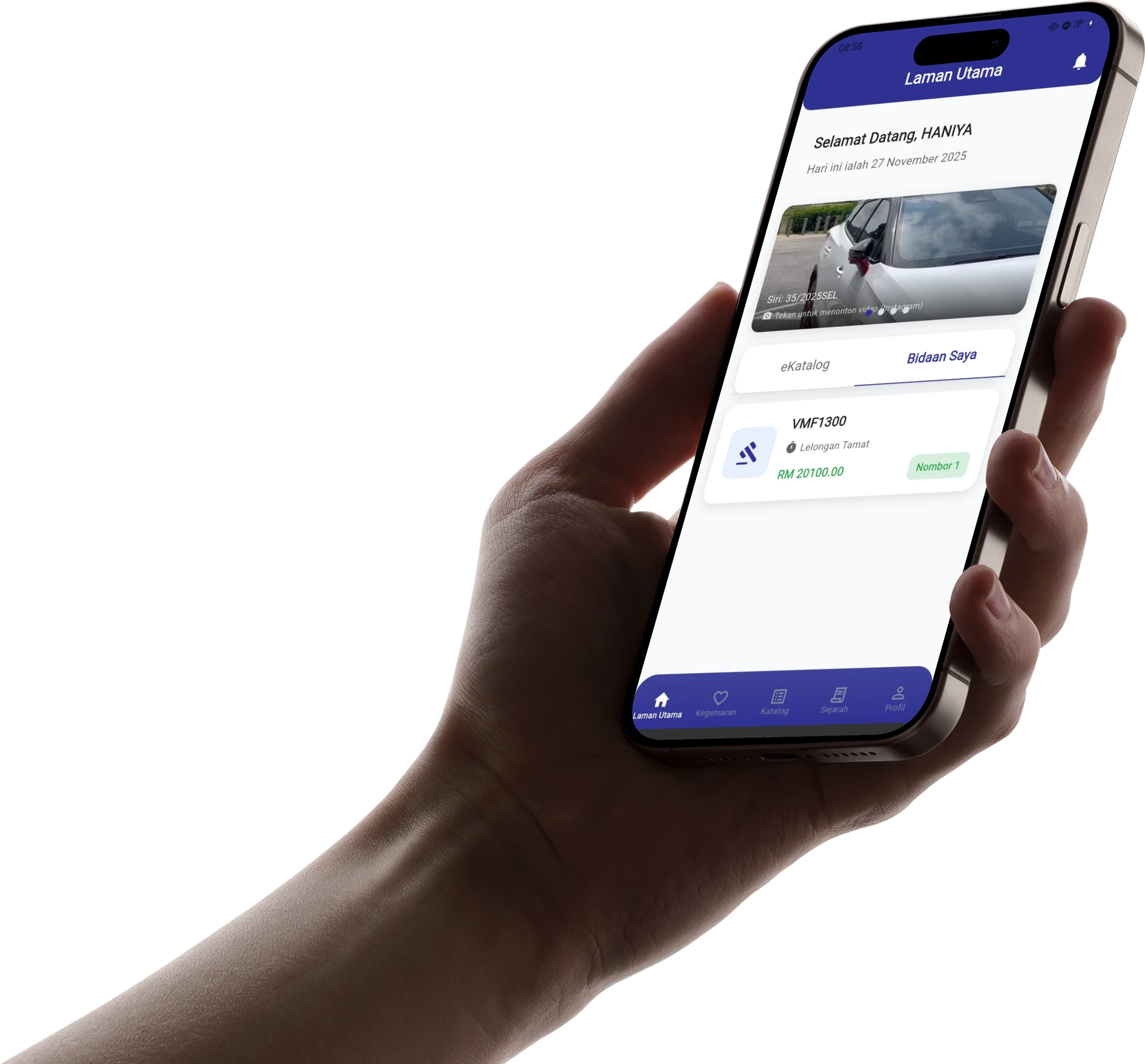 Telefon memaparkan aplikasi JPJvBid